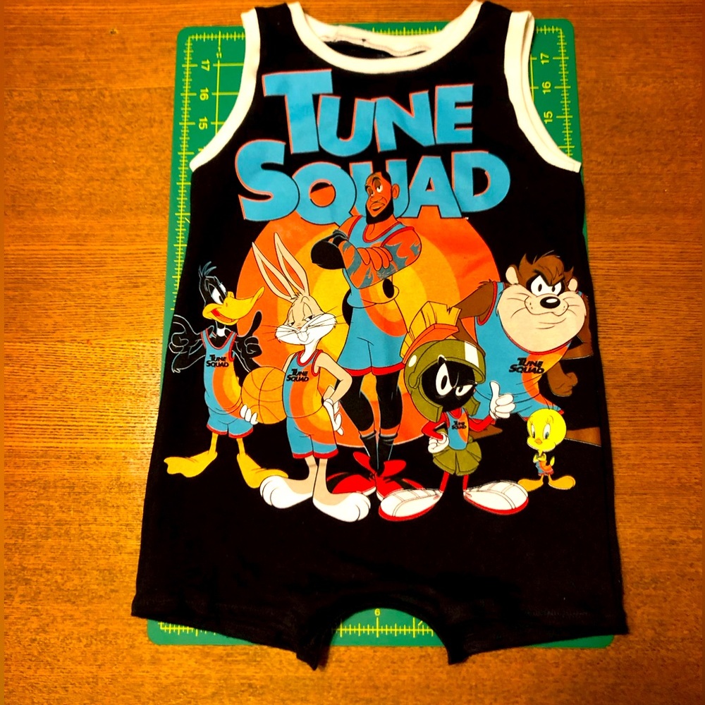 Up cycled size 2T unisex Space jam romper with snaps.